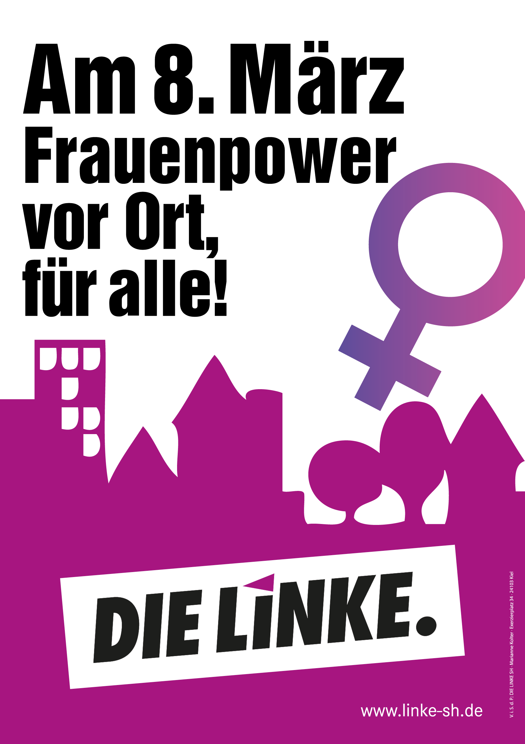 Das Plakat zeigt die Silhouette einer Kleinstadt in Pink, darüber das Logo der Partei DIE LINKE. Textinhalt der Grafik: 