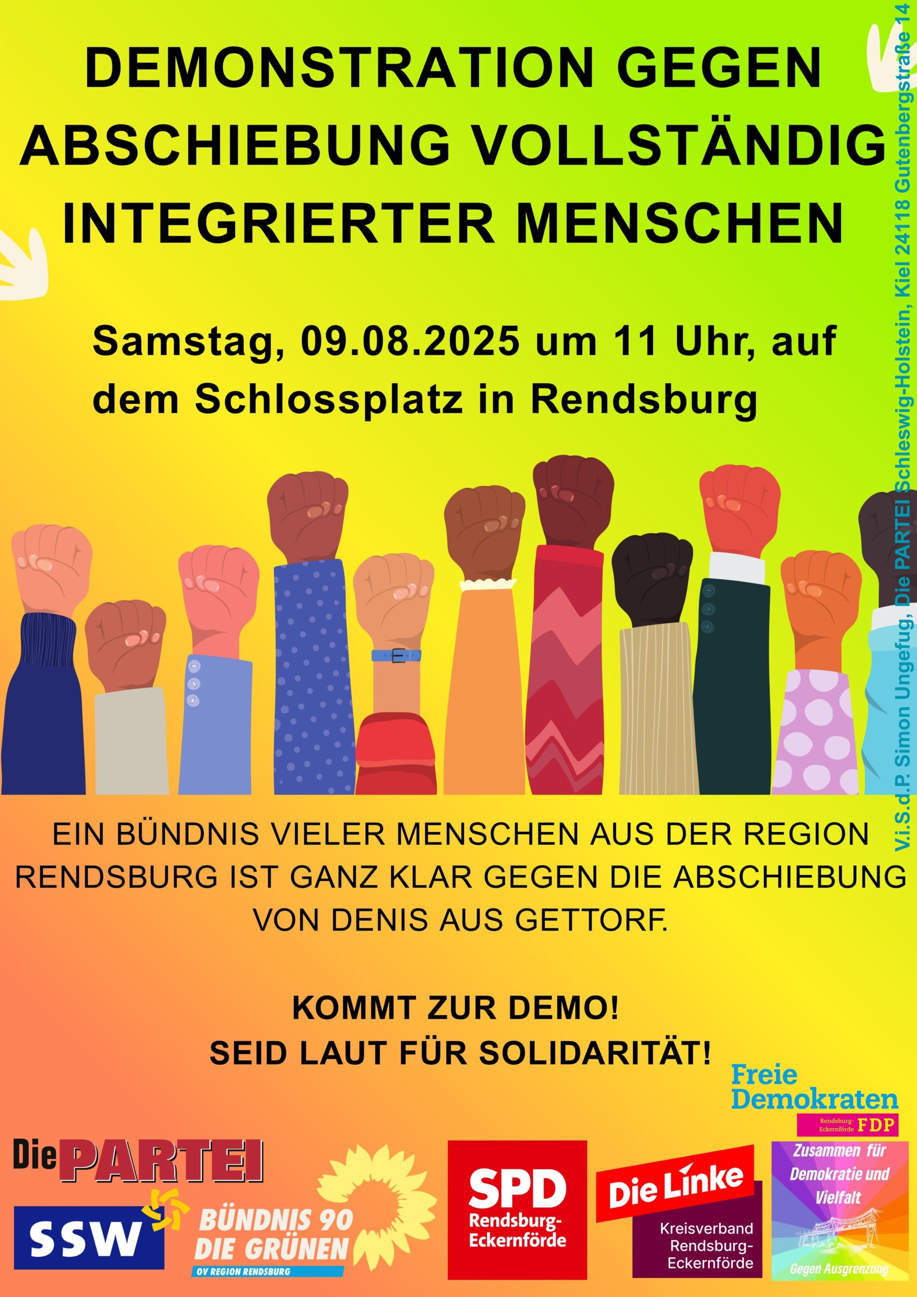 Demostration gegen Abschiebung vollständig integrierter Menschen am 9. August 2025 um 11 Uhr auf dem Schlossplatz in Rendsburg